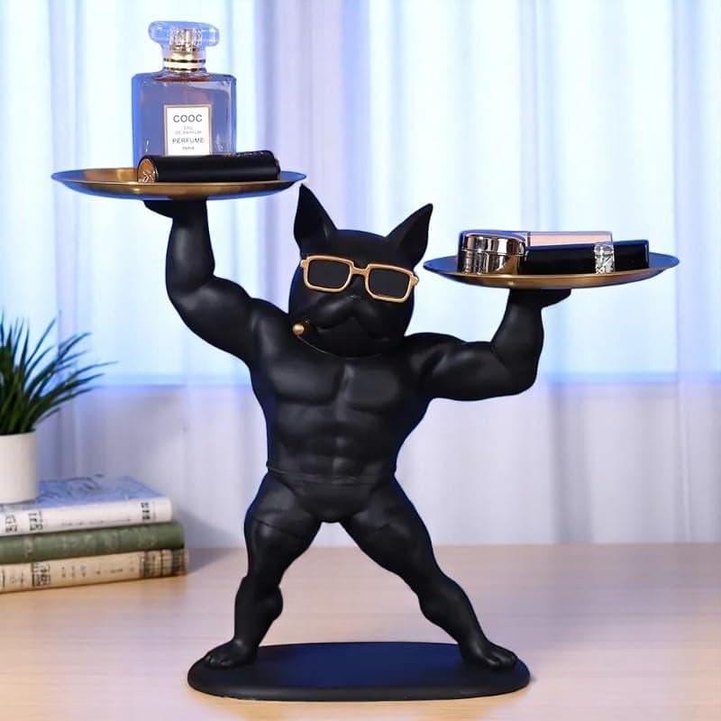 SkyKey Muscle Bulldog Dual Tray Resin Organizer – Black Dog Figurine Organizer for Keys, Wallet, Phone, Candy, Remote – Funky Dog Sculpture with Tray for Home & Office Décor