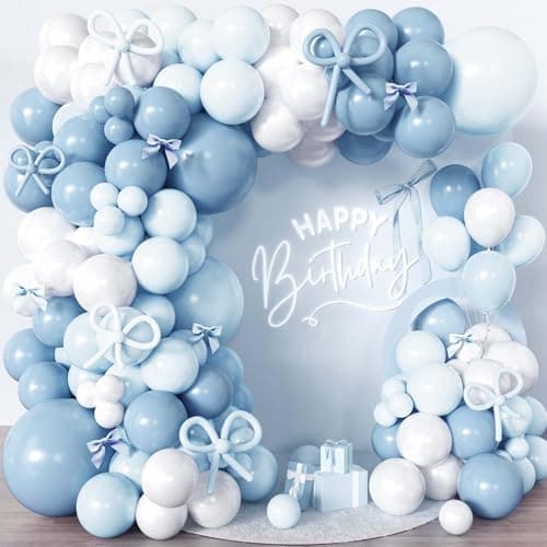 110pcs Blue Bow Balloon Garland Arch Kit with DIY 3D Coquette Ribbon Bows 1812105 Inch Pastel Baby Blue White Latex Balloons for Boy Baby Shower 1st Birthday Party Decorations Bridal Shower