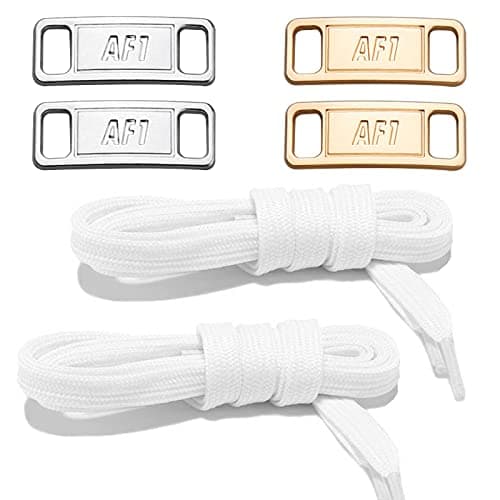 NDTEZUGT 2 Pair Flat Shoelaces 36"-72" Length Replacement Laces for Air Force 1,with 2 Pair Shoe Lace Charms for AF1 Sneakers, 5/16" Wide Shoe Strings Replacement for Jordans 1 (White, 54"/138cm)