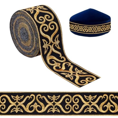 NBEADS 49 Yards Black Gold Jacquard Ribbon Trim 19 Inch Hot Adhesive Floral Embroidery Woven Ribbon Iron on Sew on Fringe Band Fabric Trim for Sewing Clothing Home Decor Wedding Bag Straps
