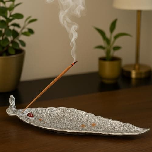 Pure Source India Aluminum Incense Holder & Ash Catcher Agarbatti Stand Featuring Ganesh Figurine (9x2 inch, Antique Silver)