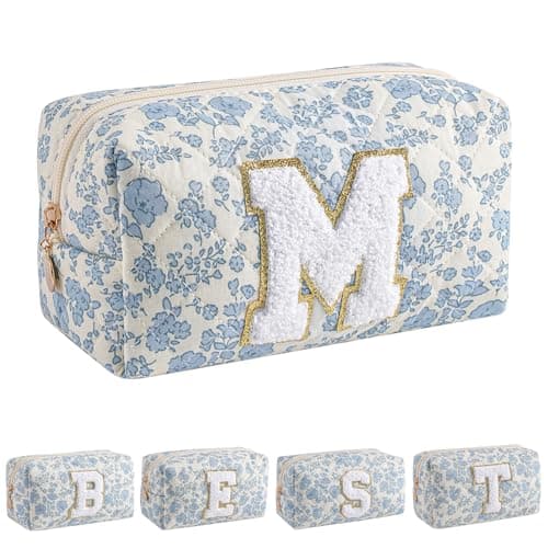 JOVAKIT Alphabet Makeup Bag Cosmetic Bag for Women, Christmas Gifts for Girls Age 6-18, Floral Flowers Coquette Travel Toiletry Zipper Make Up Pouch Organizer Trendy Stuff (Blue Floral M)