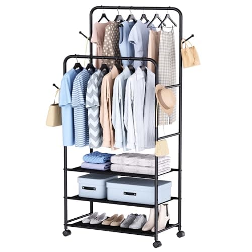 Whitmor Double Rod Clothes Rack Metal Rolling Clothing Racks for Hanging Clothes Heavy Duty Garment Rack with 3 Shelves Portable Clothes Organizer for Bedroom Laundry Living Room Black