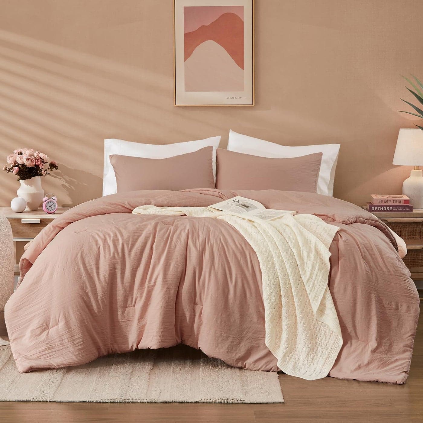 WRENSONGE Queen Comforter Set 3 Pieces Dusty Pink Comforter Prewashed Soft Lightweight for All SeasonsFluffy Down Alternative Comforters Queen Size with 2 Pillow Shams