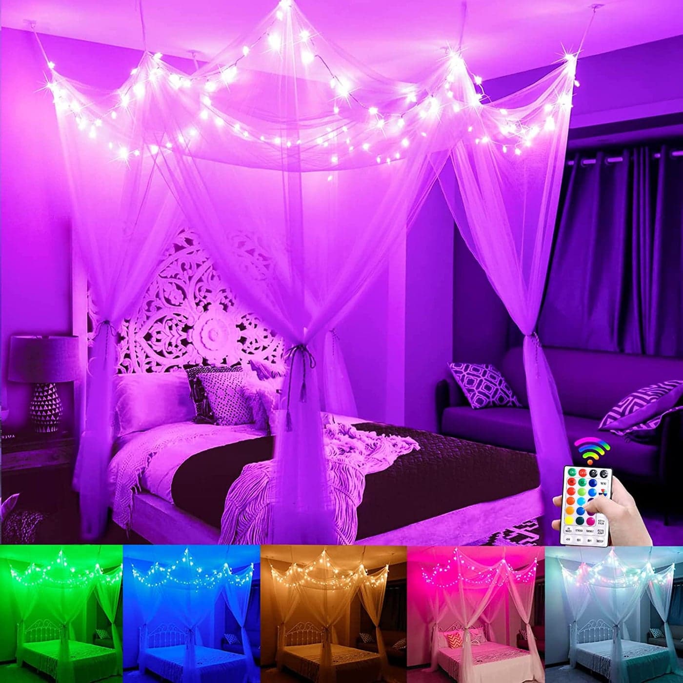 White Bed Canopy with Star Lights Girls Bedroom 8 Corners Post Hanging Princess Canopy Bed Curtains 100 LED 24 Colors Changing String Lights Remote Timer for Kids Tent Twin Full Queen King Bed
