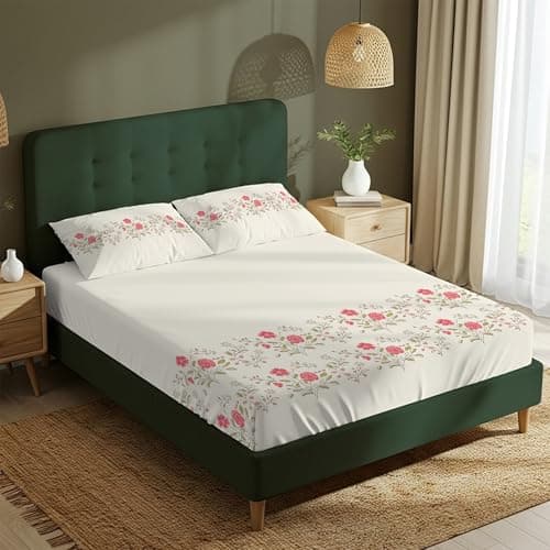 Urban Space Serene 100% Cotton King Fitted Size Bedsheet, 200 TC Super Soft Elastic bedsheets for King Size Bed, Floral Design King bedsheet with Two Pillow Covers (72 x 78 Inches, Poppy Bloom)