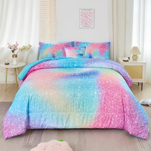 RYNGHIPY Twin Girls Comforter Set Colorful Rainbow Bed in A Bag for Girls Kids 6 Piece Ombre Galaxy Glitter Bedding Set
