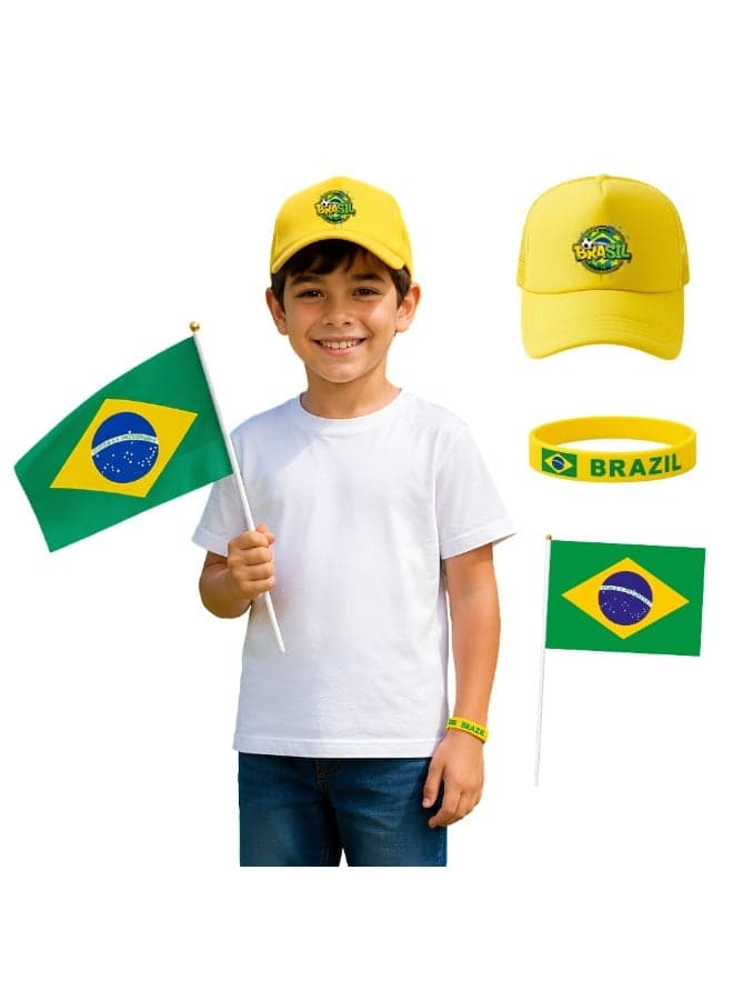 Brazil Soccer Kids Combo Set | Pack of 3 | Cap, Hand Flag, Silicone Wristband | Sports Match Wear for Boys and Girls