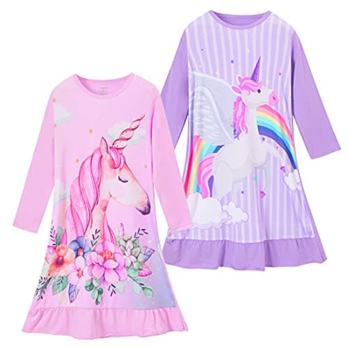 ZEBZOO Nightgowns for Girls Unicorn Dress Toddler Kids Pajamas Long Sleeve Night Gown(2-Pack,2-3 Years)