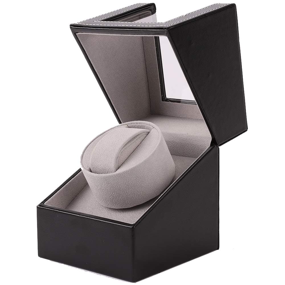 Aokelily Automatic Single Watch Winder in Wood Shell and Black LeatherCarbon Fiber Leather Japanese Motor