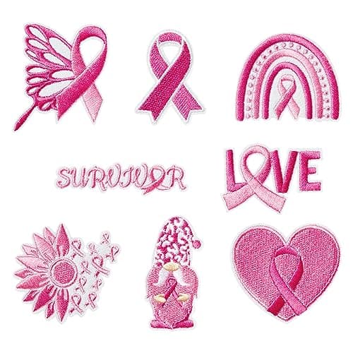 8Pcs Pink Ribbon Breast Cancer Awareness Iron on Embroidered Patches Heart Butterfly Sunflower Rainbow Sew on Repair Applique DIY Crafts Accessories Gift for Women Girls Survivor Clothing Backpack Hat