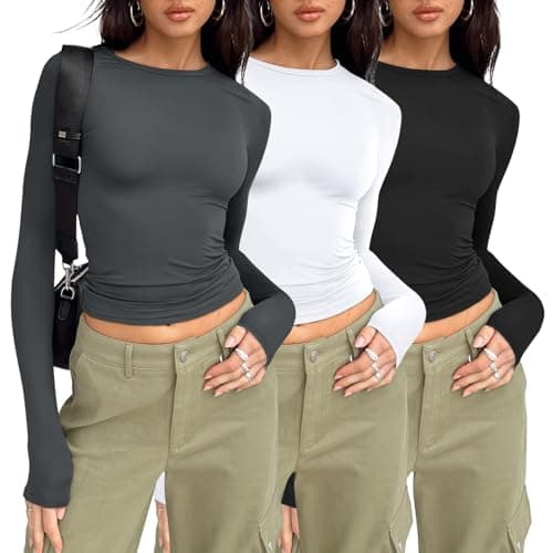 AUTOMET 3 Pack Womens Long Sleeve T Shirts Fall Fashion Basic Going Out Crop Tops Slim Fitted Winter Clothes 2025 Black White Gray S