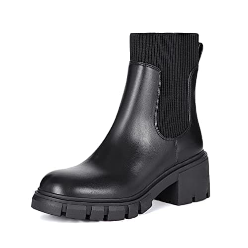 Athlefit Women's Black Chelsea Boots Fall Platform Ankle Boots Slip on Chunky Lug Sole Boots