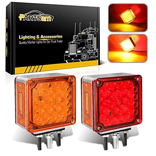Partsam 2Pcs Square Dual Double Face Fender Stop Turn Signal Tail 52 LED Amber/Red, Truck Trailer Double Face Led Pedestal Lights Waterproof, Dual-face lights with Three Studs Waterproof
