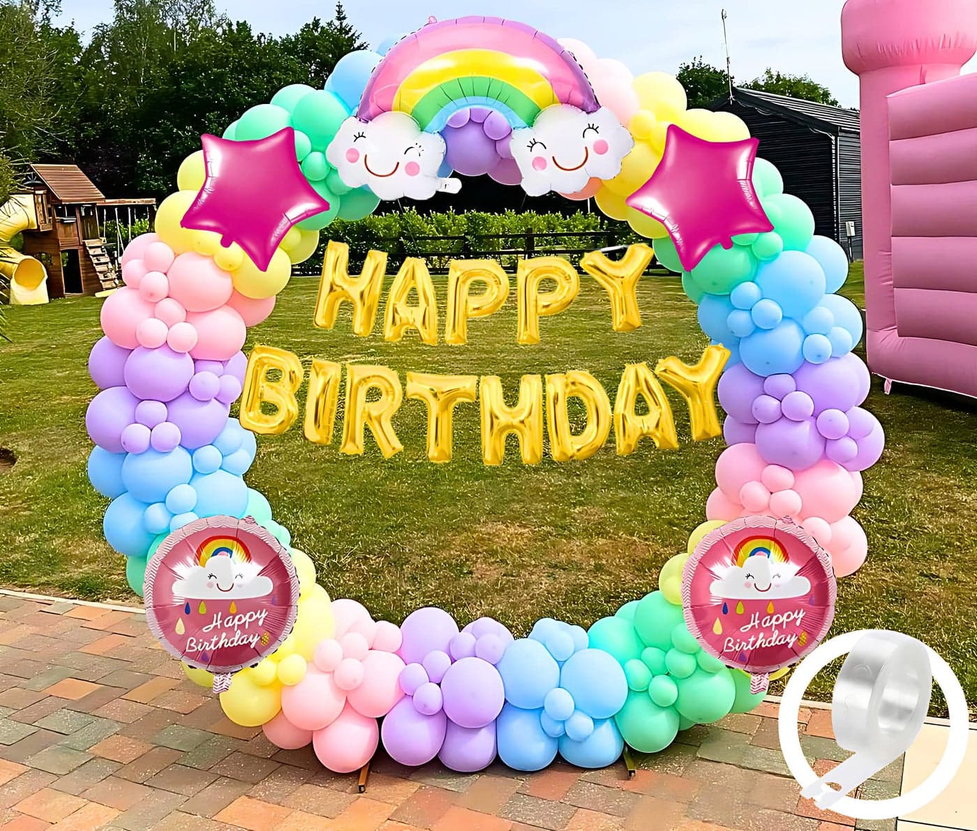 Flyloons Rainbow Theme birthday decorations kit for Girls Boys kids baby girl with Rainbow Foil Pink Star Pink Purple Yellow Blue Green Pastel Balloons Happy Birthday Golden Foil Banner