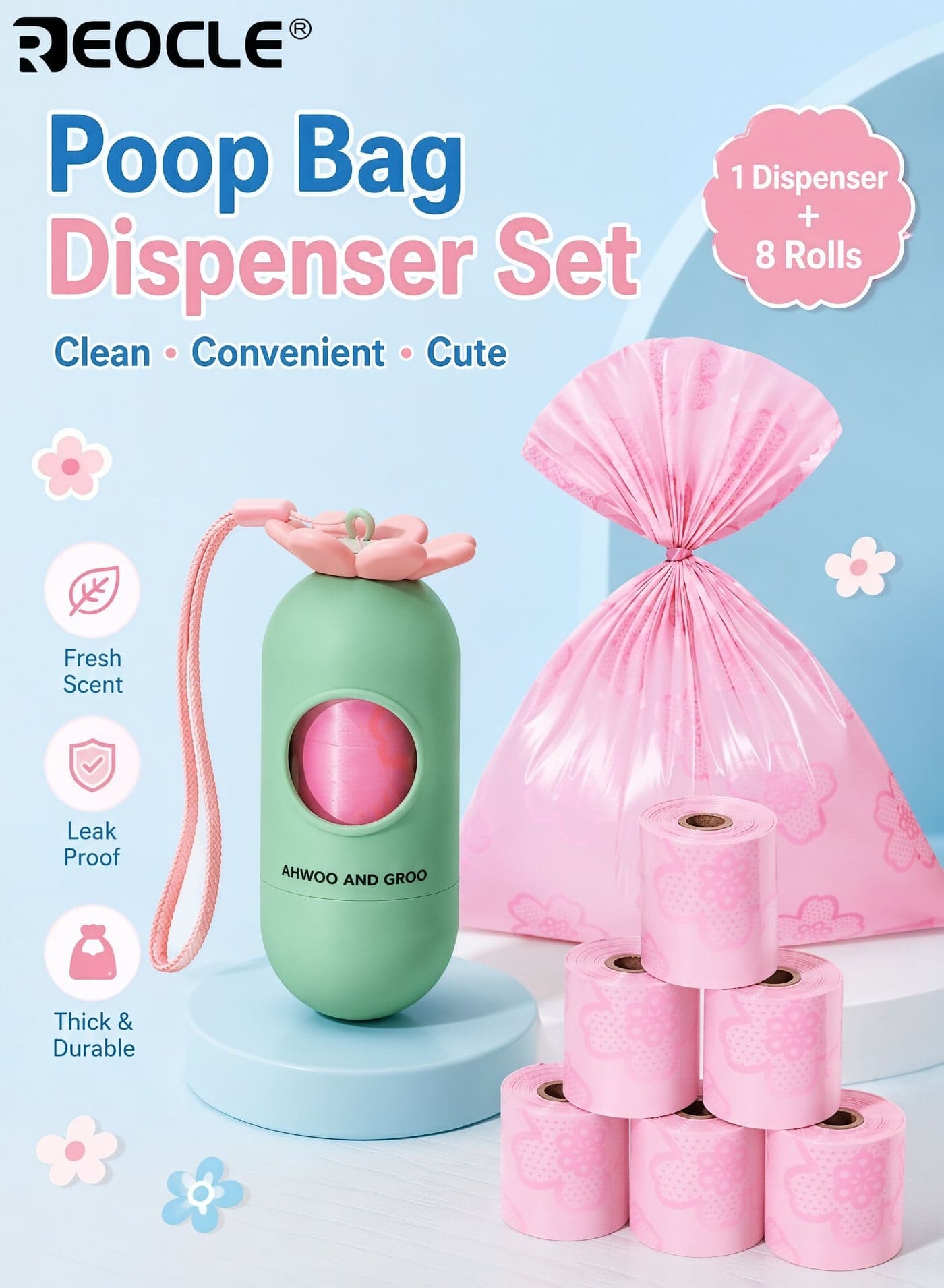 Scented Disposable Baby Diaper Trash Bags with Portable Flower Capsule Dispenser Odor Lock Nappy Waste Bags for Newborns Also Usable for Pet Poop (1 Dispenser + 9 Rolls Total)