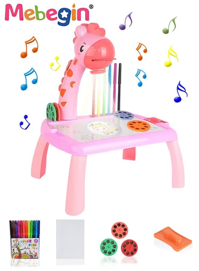 Kids Projection Drawing Table with Music, Erasable Graffiti Board, Writing and Painting Set with 12 Colored Pens and 24 Projection Patterns, Drawing Supplies, Early Educational Drawing Toys, 3 AA Batteries Required(Not Included)