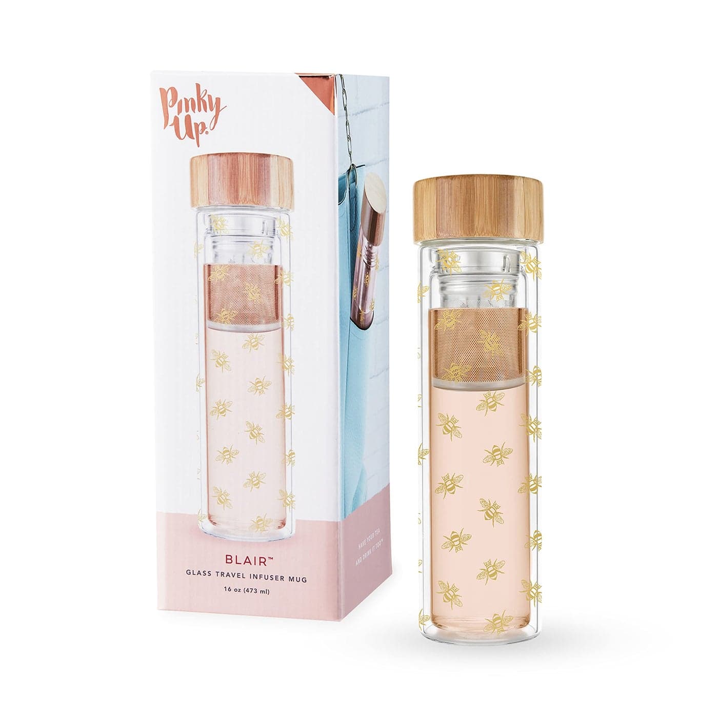 Pinky Up Blair Tea Infuser Mug with Strainer and Lid Double Walled Glass Tumbler for Home Office Travel Picnic Camping 16 oz Set of 1 Arabesque Gold