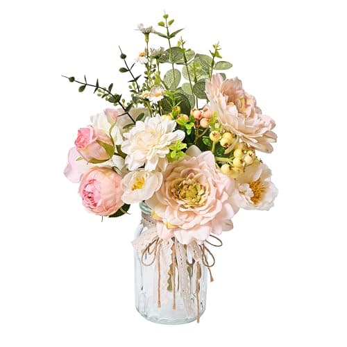 LUEUR Artificial Hydrangea in Vase for Mothers Gifts, Fake Silk Pink Flower Bouquet Artificial Flowers with Pot, Faux Dahlia Arrangement for Spring Living Room, Centerpiece Table Decorations