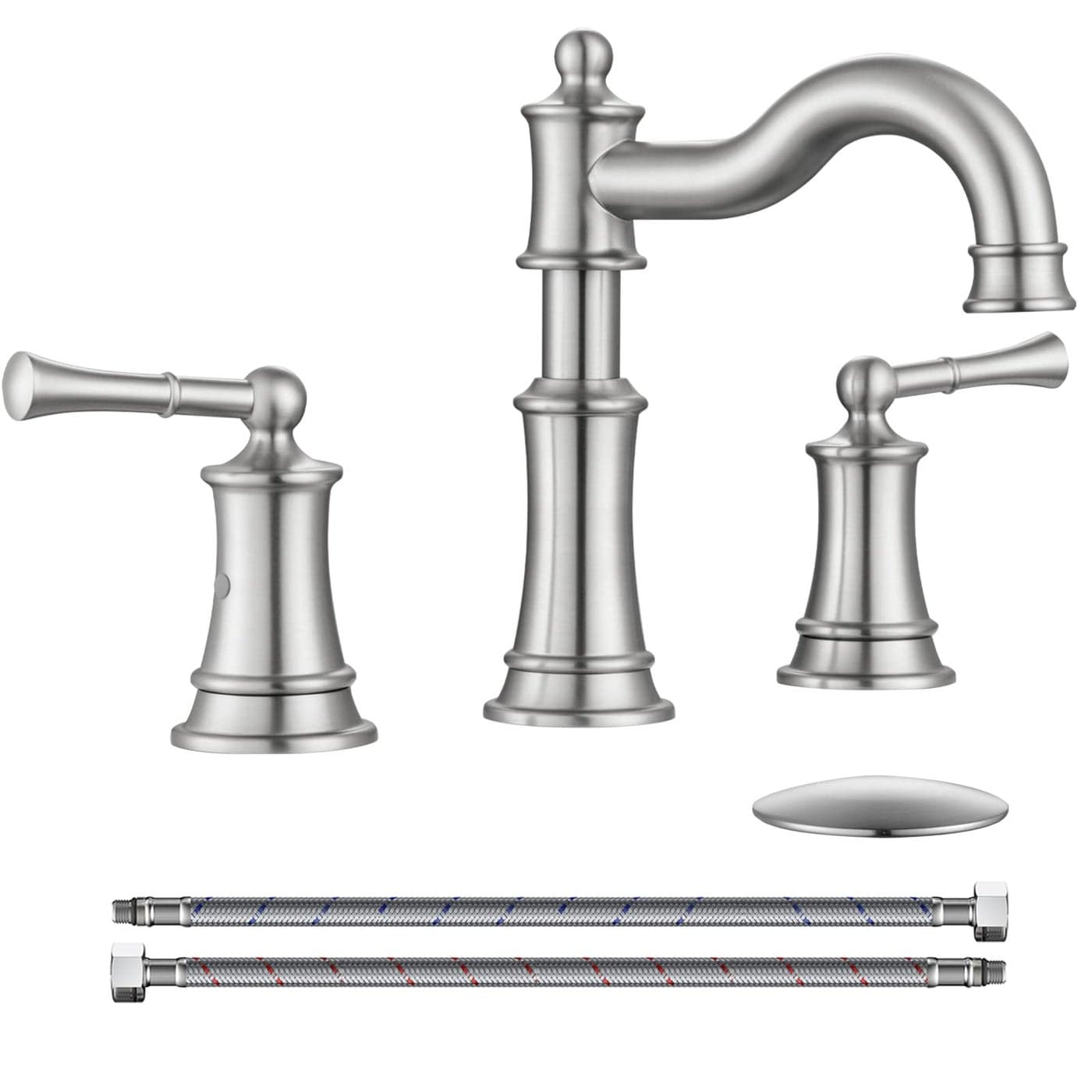 WINKEAR Roman Bathroom Sink Faucet Deck Mount or Wall Mount Installation Popup Drain Assembly with Overflow Deck Plate and Water Supply Lines Included 3 Hole Deck Mount Brushed Nickel