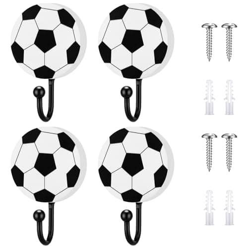Marsui 4 Pcs Soccer Wall Decor 2 Inch Vintage Soccer Hooks Decoration Wood Coat Hooks Wall Mounted Sports Theme Bathroom Decor Towel Hanger for Home Entryway Playroom Hats Keys