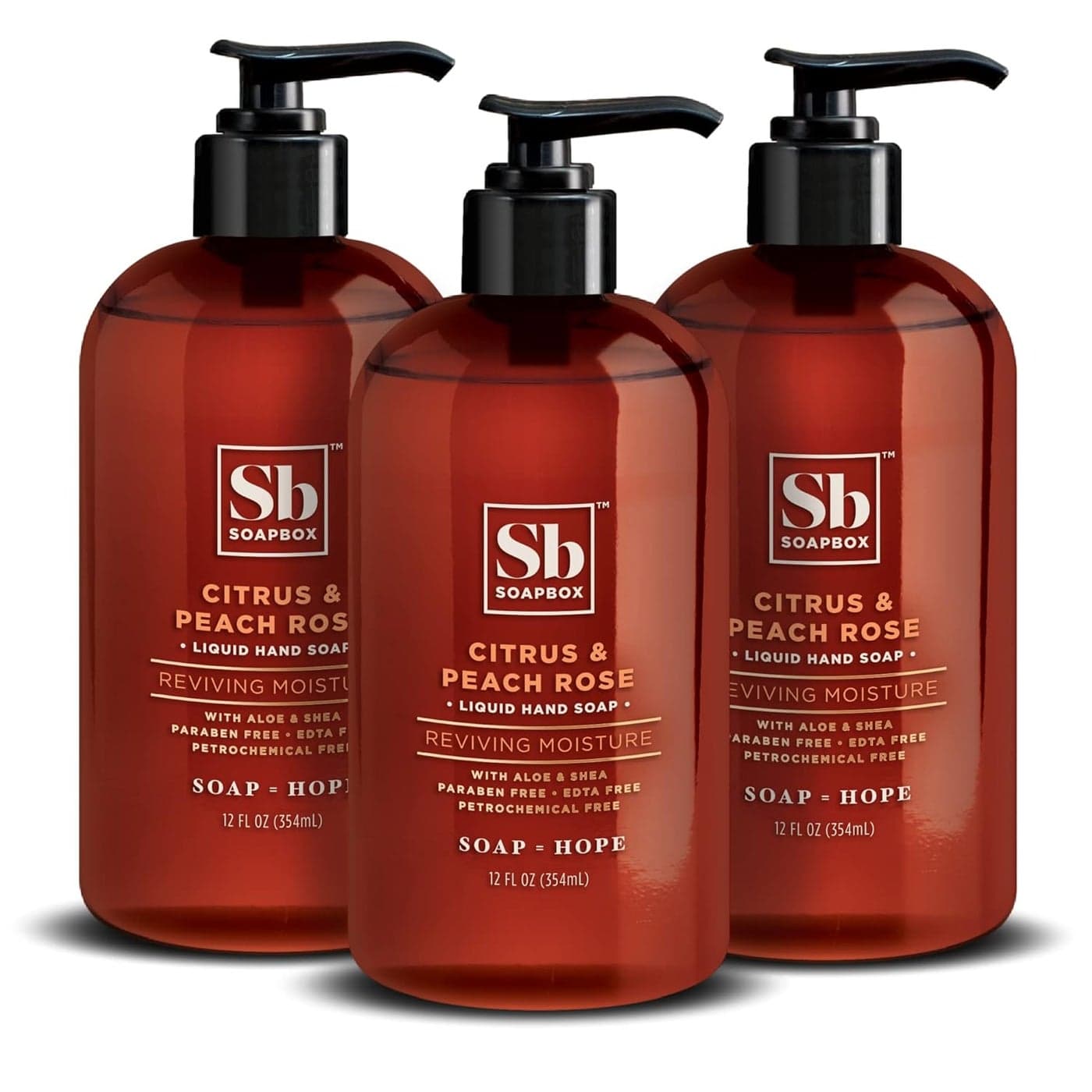 Soapbox Liquid Hand Soap Citrus Peach Rose Gentle Moisturizing Hand Cleanser Aromatic Soothing Vegan Cruelty Free Hand Wash for Kitchen and Bathroom 12oz Pump Bottles Pack of 3