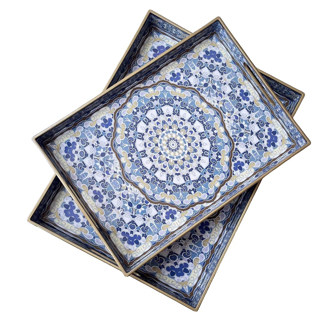 Umisriro Boho Decorative Tray Modern Blue Serving Tray with Handles Ottoman Trays Set of 2 Plastic Coffee Table Tray for Living Room Bathroom Kitchen Decor Large 157118 Small 13798