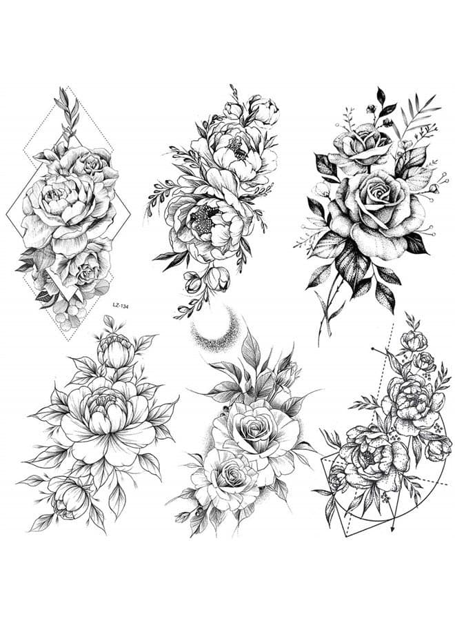6 Pieces/Lot 3D Realistic Large Black Rose Flower Temporary Tattoos For Women Body Art Arm Big Peony Geometric Tattoo Stickers Adults Fake Waterproof Tatoo Legs Sketch Sexy Girl Peach Lily