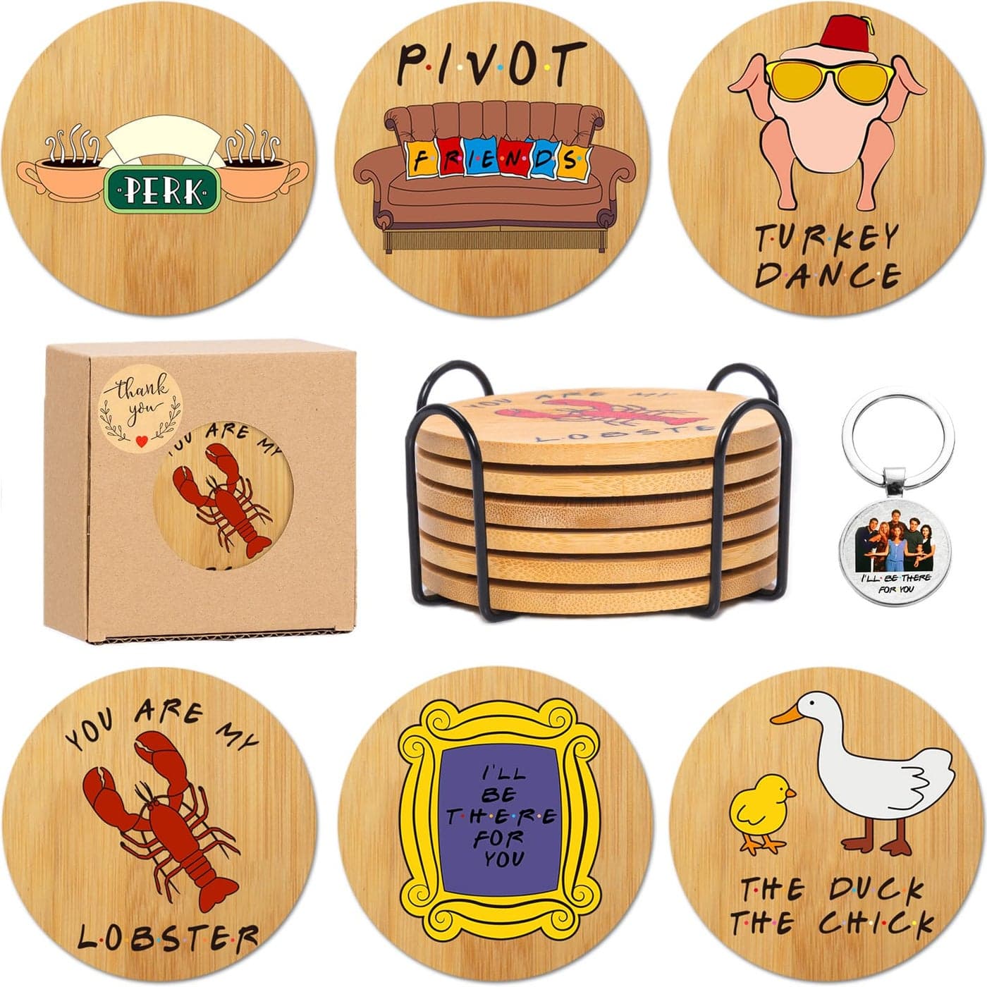 Friends Merchandise Coasters for Drink, TV Show Merch Gifts for Fans, Housewarming Presents for Friends, Kitchen Decor Wooden Set with Holder, 6 Piece