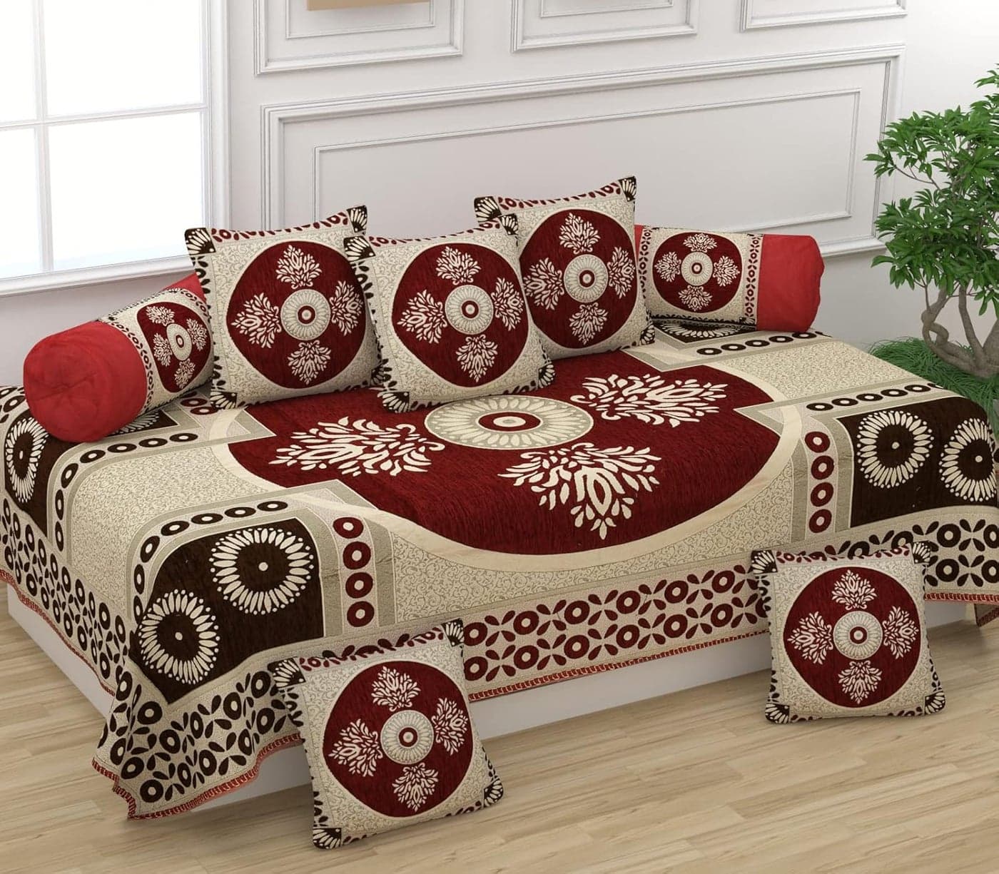 SAWNA HOMES Printed Chenille Velvet Diwan Set 8 Pieces 1 Single Bedsheet 5 Cushion Covers 2 Bolster Covers Printed Velvet Fabric Cover Set Soft for Living Room Bedroom 8 Pieces Maroon