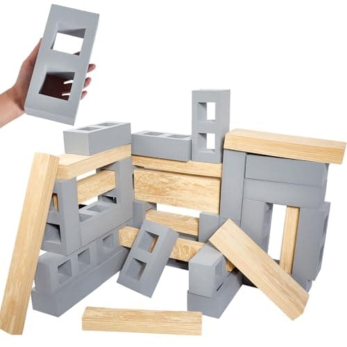 Deekin 25 Pcs Foam Brick Building Blocks and 12 Pcs Wooden Beam Foam Thick Cinder Blocks Large Fake Brick Builders Set for Construction and Stacking Gray