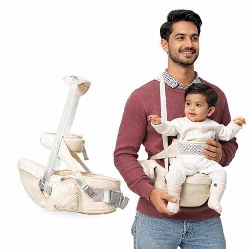 Kids Station Baby Carrier with 4 Carry Positions, Patented Design, Baby Carrier made up of Cotton, Designed for Indian Environment, Adjustable New-Born to Toddler Carrier, Max Weight Up to 15 Kgs (Beige, Happy Strap)