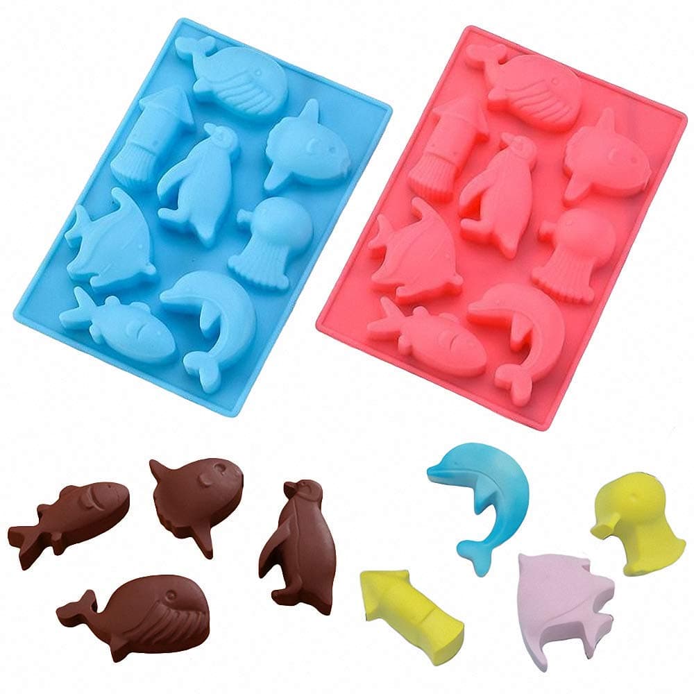 2Pcs Marine Chocolate Mold Under the Sea Animal Silicone Ice Cube Trays Whale Fish Dolphin Penguin Squid Octopus Silicone Jello Candy Mini Soap Plaster Epoxy Resin Mold