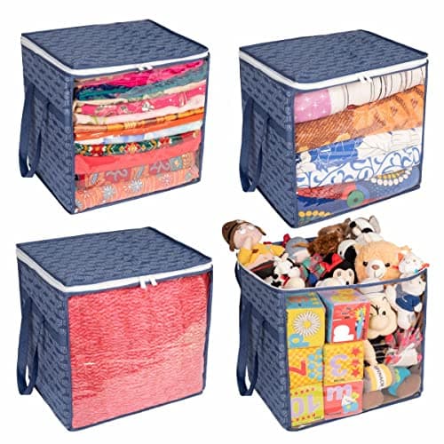 Homestrap Set of 4 Jumbo Saree Cover with Front Window and Side Handle |Stackable Clothes Storage Organizer (Navy Blue, Polypropylene)