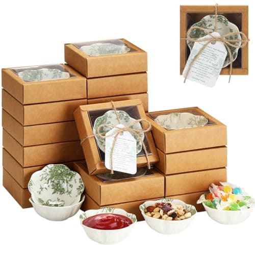 Teenyyou 40 Pack Wedding Favors for Guests Small Ceramic Bowls Bulk Gifts Set 3.3 Inch Sage Green Verdure Design Mini Dipping Bowl Sauce Dish with Cards Box for Party Shower Favor Souvenir