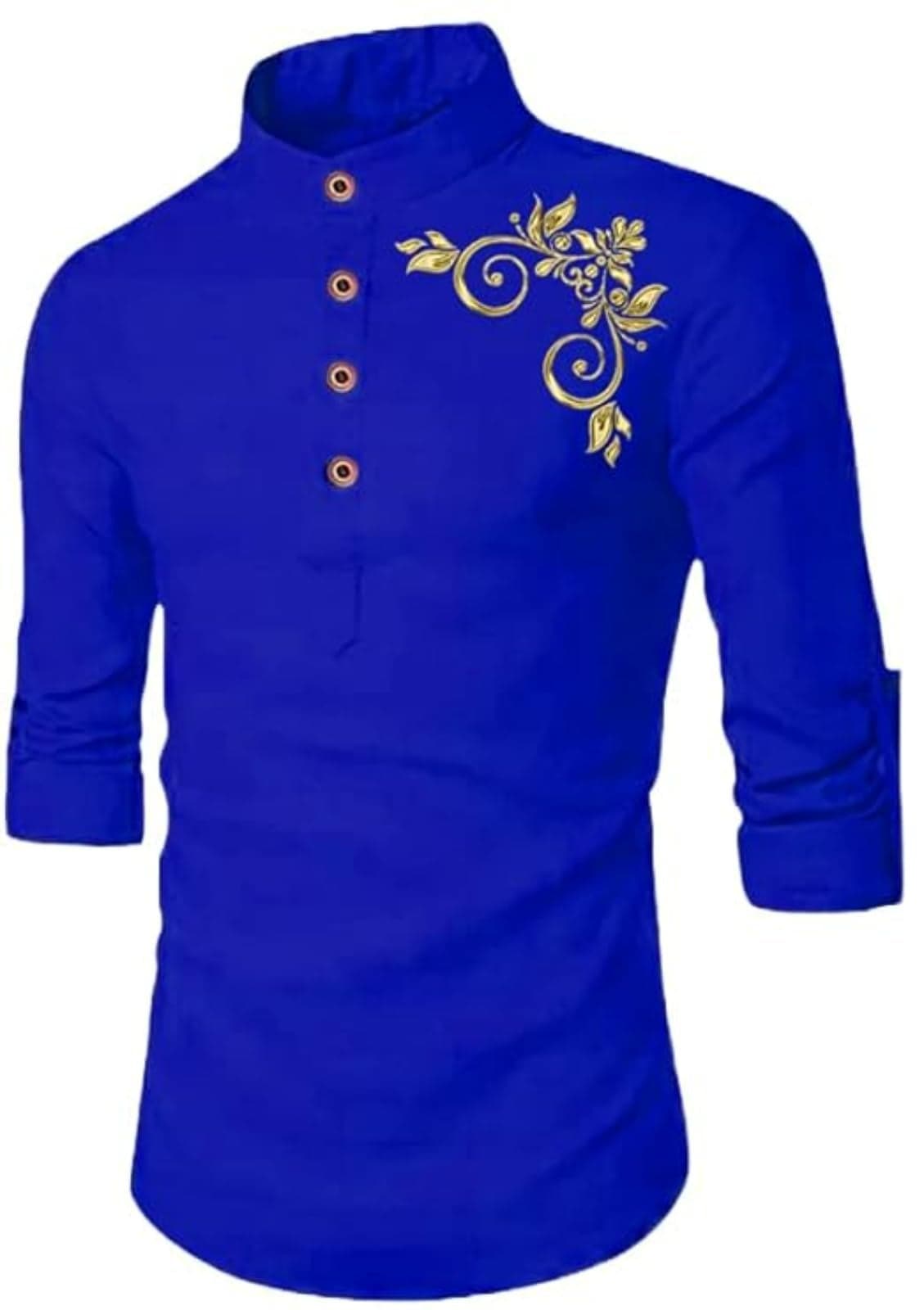 DEELMO Men's Full Sleeve Short Kurta Shirt with a Trendy Mandarin Collar Crafted from a Premium Cotton Blend for Comfort Ideal for Men's (Small, Royal Blue)