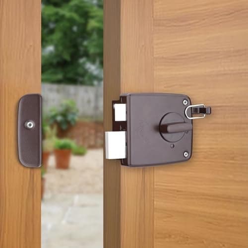 Godrej Rim Lock I Twin Bolt | Compact 1Ck Latch Bolt I for Inside Opening Wooden Doors I Left/Right Handed Doors | Home Main Door I 3 Keys I Textured Brown Finish I 5-Year Warranty