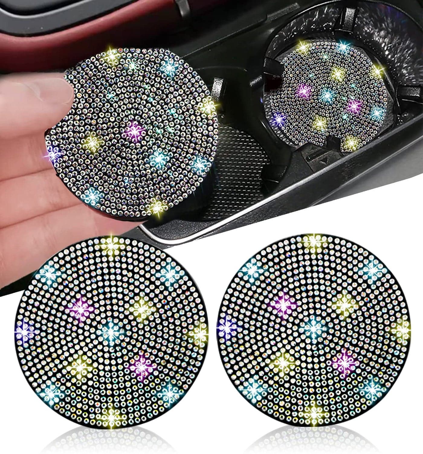 NBTEPEM 2pcs Bling Car Cup Holder Coaster, 2.75 inch Anti-Slip Shockproof Universal Fashion Car Coasters Insert Bling Crystal Rhinestone Automotive Interior Accessories for Women (2 pcs, Multicolor)