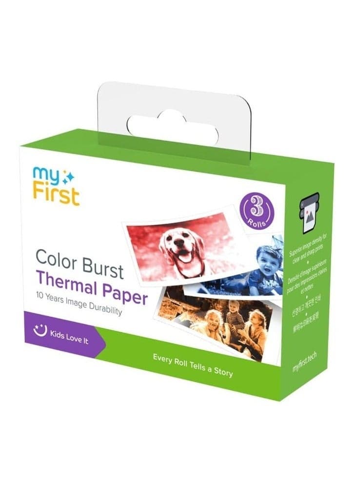 Thermal Paper Color Burst for myFirst Camera Insta 20 | 3 Rolls Dual-Color Thermal Paper (Black + Blue/Red/Orange), 57×26mm, High-Density Vivid Prints, Smooth Surface, Easy Replace Refill