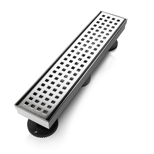SaniteModar Shower Drain, 12 inch Linear Shower Drain with Removable Square Hole Panel, AISI 304 Stainless Steel Brushed Shower Floor Linear Drain with Adjustable Feet and Hair Strainer