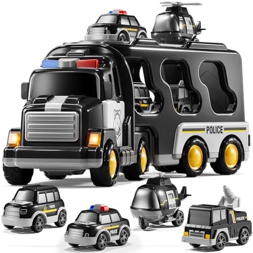 KIZONLY 5 in 1 Police Car Carrier Truck Toy for Kids Ages 48 Police Truck with Light and Sound Transporting Vehicle Boy Trucks Toy Sets Kids Toys 35 Birthday Gifts for Boys Girls Aged 46 57