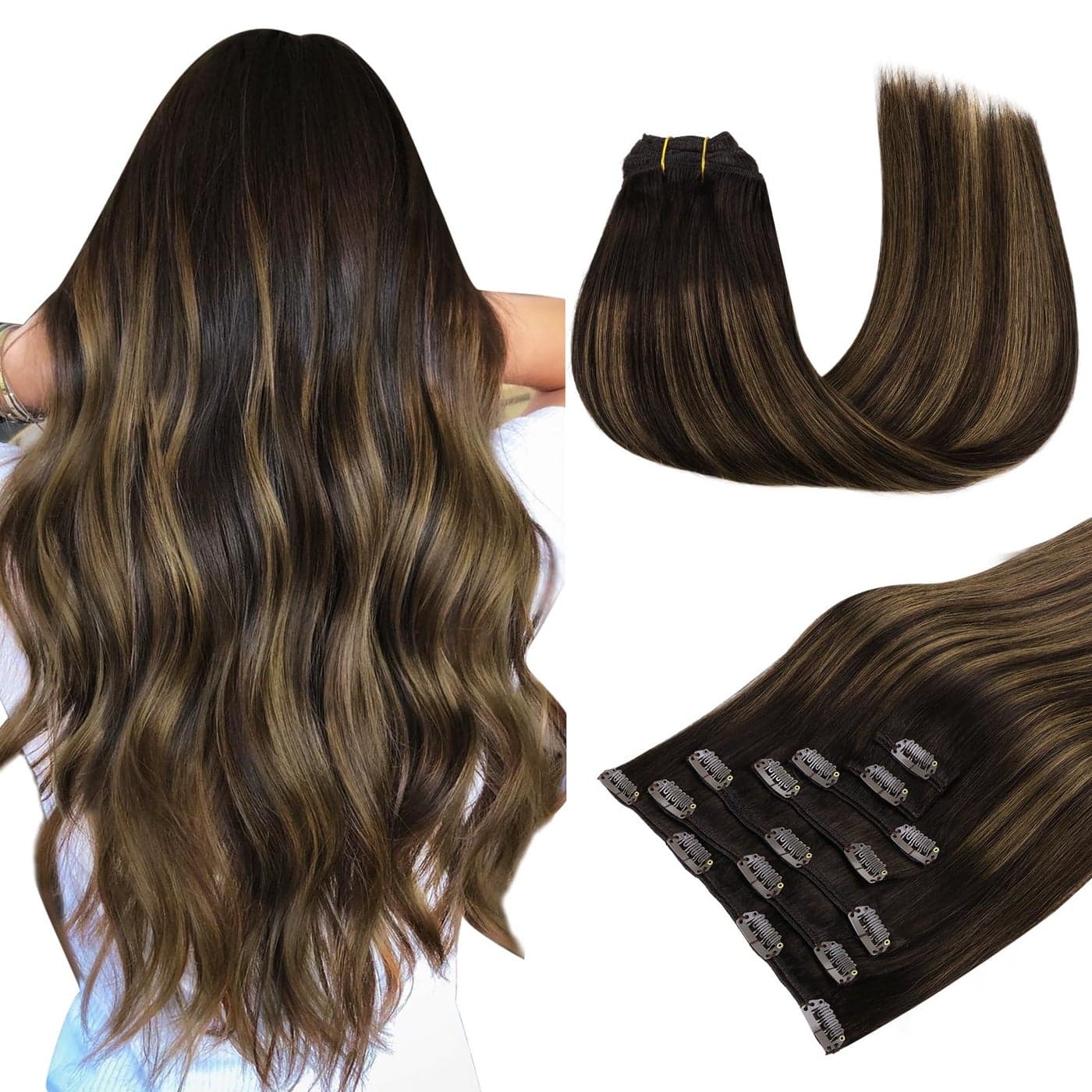 MAXITA Human Hair Clip in Extensions80g 20 Inch 7pcs Balayage Dark Brown Mixed Chestnut Brown Hair Extensions Clip in Human Hair Remy Hair Extensions Natural Straight Thick Hair