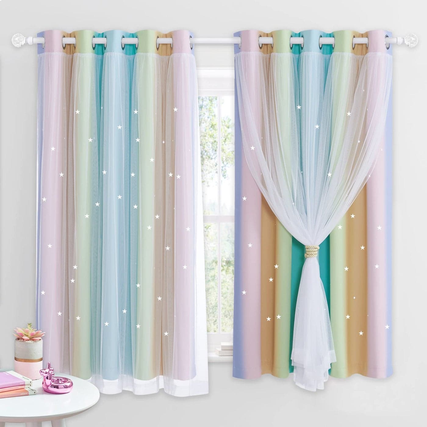 NICETOWN Rainbow Curtains for Kids Star Cut Out Double Layer Blackout Curtains with Voile Thermal Privacy Protection for Nursery Bedroom Living Room 2 Panels W66 x L54 Inch 168x137 cmRainbow
