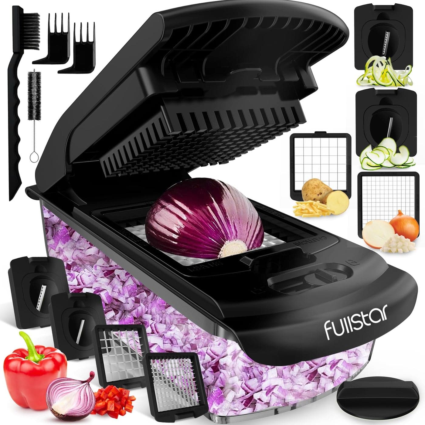Fullstar Vegetable Chopper and Spiralizer Food Chopper with Container Fruit Slicer Kitchen Gadgets Accessories Home Essentials 4 in 1 Black