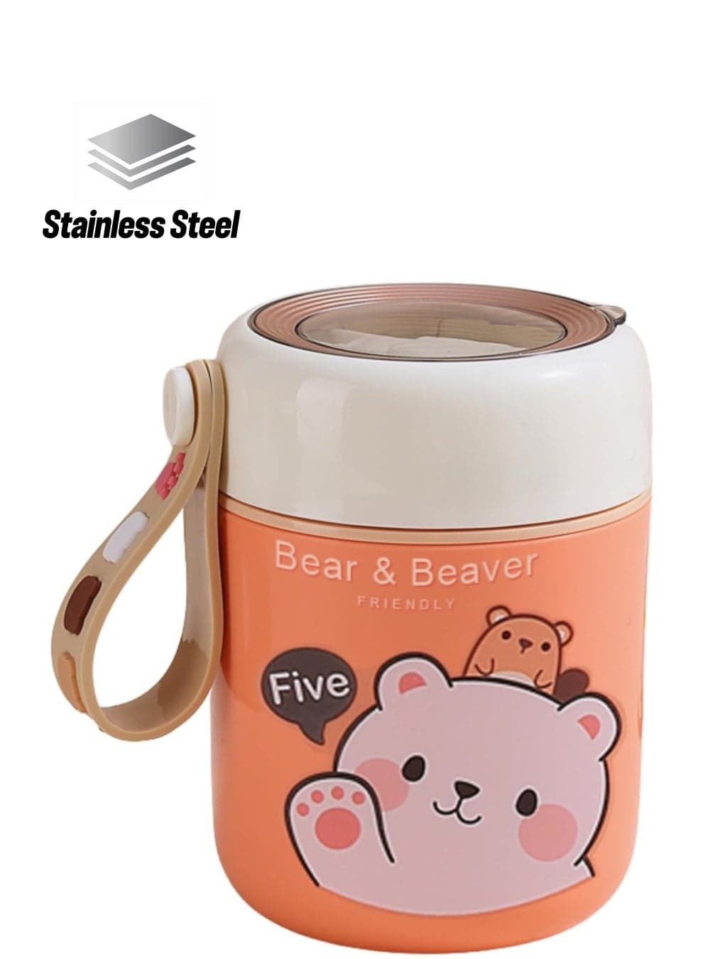 Twisoo Bear Vacuum Insulated Food Jar- Leak-Proof Portable Food Bowl, Stainless Steel with Foldable Spoon, Kids Food Jar for School Office Picnic Travel (450ml) (Pink)