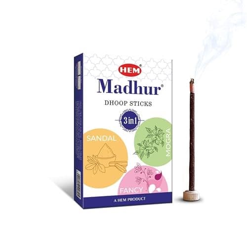 HEM Madhur 3-in-1 Bambooless Dhoop Sticks | Charcoal-Free | Sandal, Mogara & Fancy Fragrances | Approx. 32 Sticks | Long-Lasting Aroma | Sacred Rituals, Meditation, Relaxation | Burns 35-40 Min | 100g