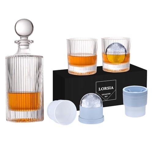 Whiskey Decanter Set with Gift Box - Includes 2 Crystal Bourbon Glasses and 2 Big Ice Ball Molds - Whiskey Glasses Set for Scotch, Cocktails, Rum, Cognac, Vodka - Unique Gift for Men