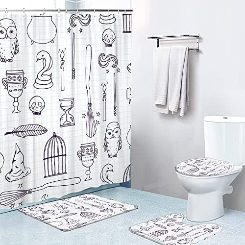LOKMU 4 Pcs Shower Curtain Sets with Non-Slip Rugs, Toilet Lid Cover and Bath Mat,Witch Birdcage Magic Books Owl Wand Broom Waterproof Shower Curtain with 12 Hooks, Bathroom Decor Sets, 72" x 72"