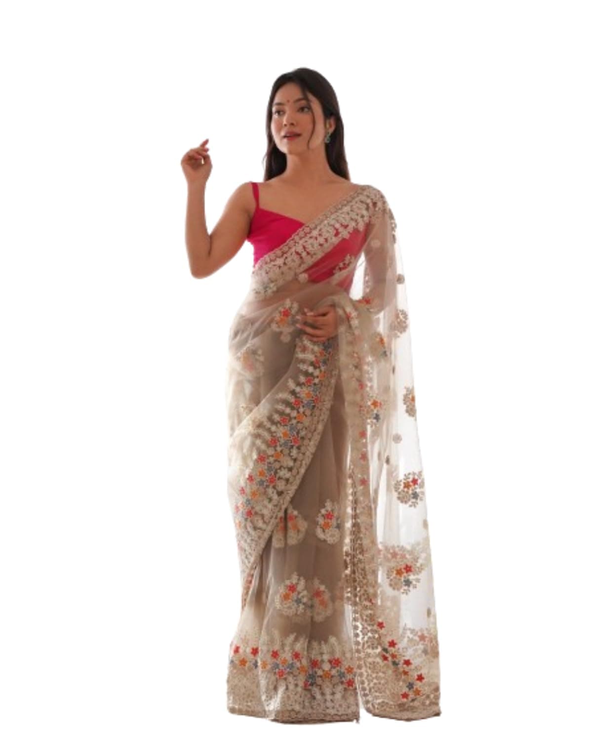 MUNIR Women's Heavy Butterfly Net Beautiful Ethnic Saree With Unstiched Blouse Piece For Festival And Function (Cream) - M-Rose Gold
