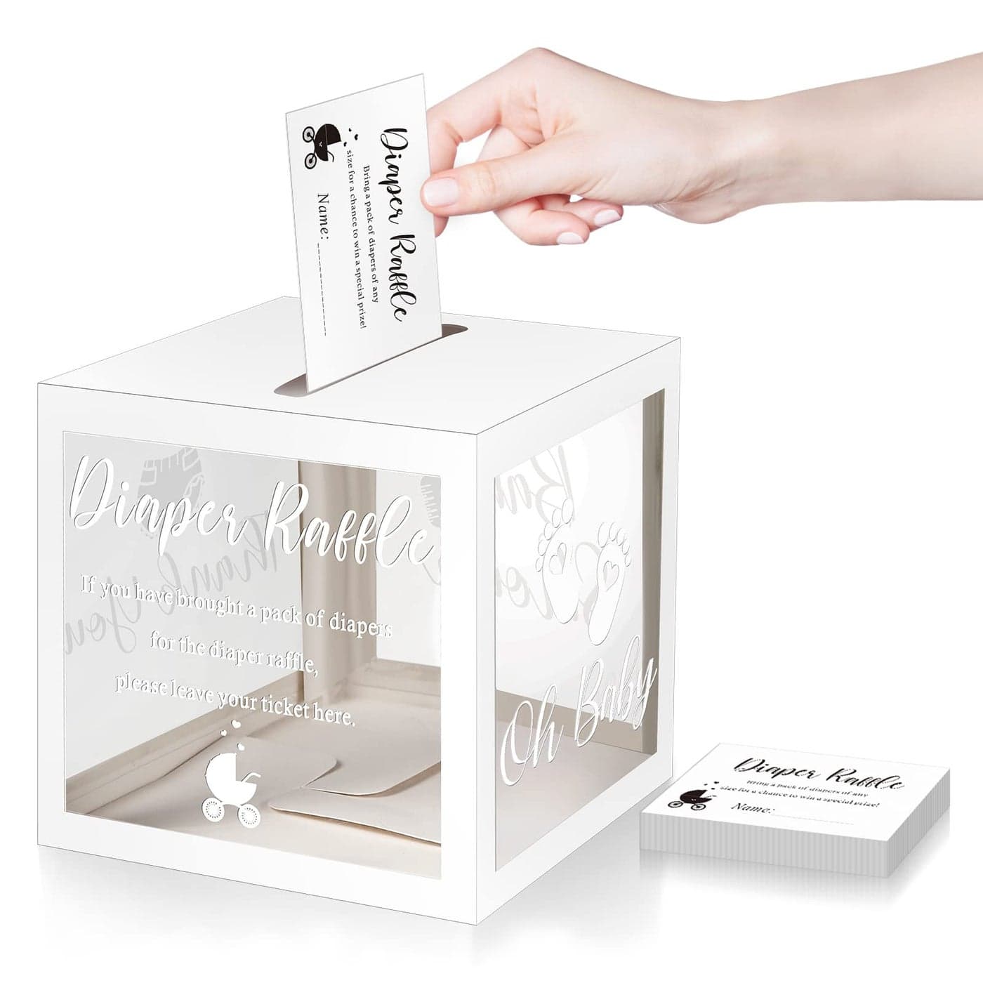 Funrous 50 Diaper Raffle Tickets with Box for Baby Shower Game Invitations Diaper Raffle Card for Gender Reveal Baby Shower Party Decoration Table Centerpiece Clear White